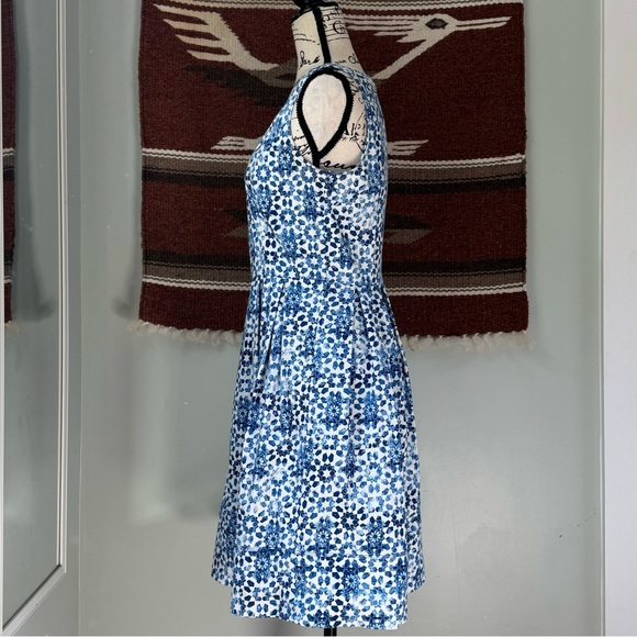 Calvin Klein Sleeveless Fit and Flare Pleated Dress in Regatta Print - Picture 2 of 10
